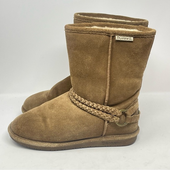 BearPaw Adele Boots Womens 9 Brown Tan Suede Fur Lined Mid Calf Braided Strap - Picture 2 of 16